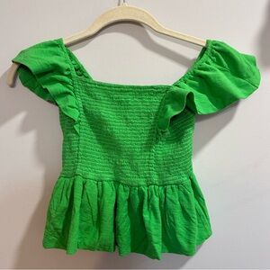 Nation LTD Green Ruffle Sleeve Smocked Cropped Top